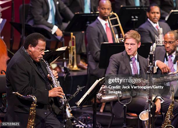 American Jazz composer and musician Wayne Shorter plays saxophone as he performs with the Jazz at Lincoln Center Orchestra on the first evening of...