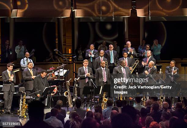 American Jazz composer and musician Wayne Shorter plays saxophone as he performs with the Jazz at Lincoln Center Orchestra on the first evening of...