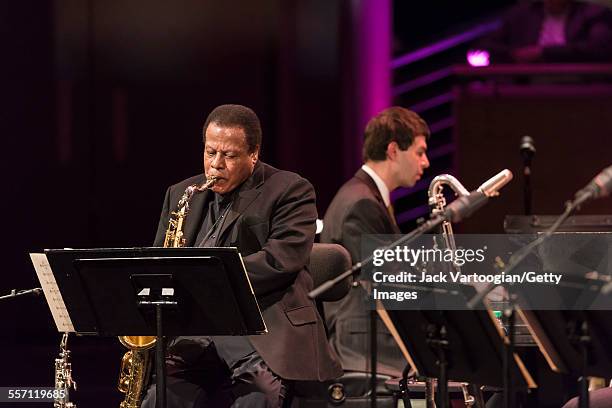 American Jazz composer and musician Wayne Shorter plays saxophone as he performs with the Jazz at Lincoln Center Orchestra on the first evening of...