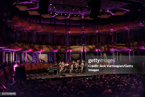 American Jazz composer and musician Wayne Shorter plays saxophone as he performs with the Jazz at Lincoln Center Orchestra on the first evening of...