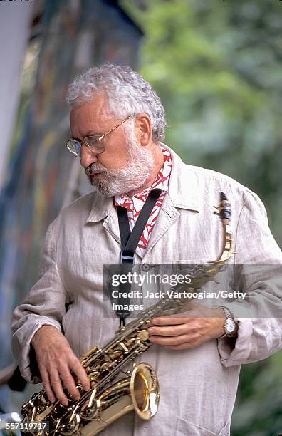 American Jazz musician Lee Konitz plays alto saxophone as he performs at the 3rd Annual Charlie Parker Jazz Festival in Tompkins Square Park, New...