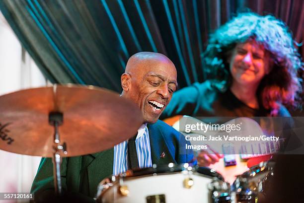 American Jazz musician Roy Haynes plays drums as he leads his Fountain of Youth Band on his 90th birthday concert at the Blue Note nightclub, New...