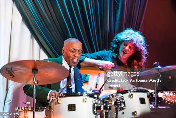 American Jazz musician Roy Haynes plays drums as he leads his Fountain of Youth Band on his 90th birthday concert at the Blue Note nightclub, New...