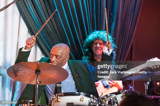 American Jazz musician Roy Haynes plays drums as he leads his Fountain of Youth Band on his 90th birthday concert at the Blue Note nightclub, New...