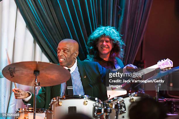 American Jazz musician Roy Haynes plays drums as he leads his Fountain of Youth Band on his 90th birthday concert at the Blue Note nightclub, New...