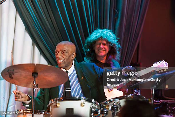 American Jazz musician Roy Haynes plays drums as he leads his Fountain of Youth Band on his 90th birthday concert at the Blue Note nightclub, New...
