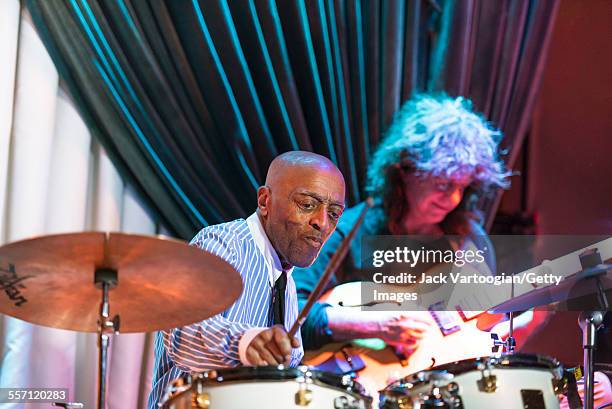 American Jazz musician Roy Haynes plays drums as he leads his Fountain of Youth Band on his 90th birthday concert at the Blue Note nightclub, New...