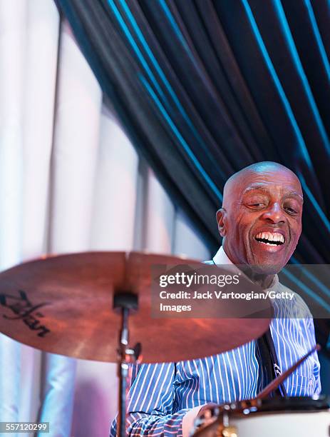 American Jazz musician Roy Haynes plays drums as he leads his Fountain of Youth Band on his 90th birthday concert at the Blue Note nightclub, New...