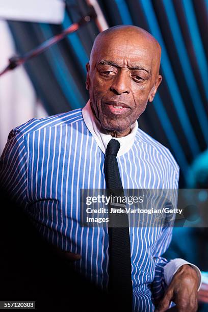 American Jazz musician Roy Haynes plays drums as he leads his Fountain of Youth Band on his 90th birthday concert at the Blue Note nightclub, New...