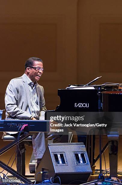 American Jazz musician Herbie Hancock performs at a duo piano concert at Carnegie Hall, New York, New York, April 9, 2015.