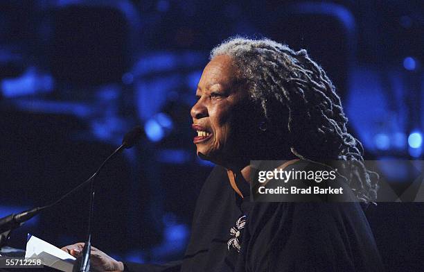 Toni Morrison performs at the Jazz At Lincoln Centers Concert For Hurricane Relief at the Rose Theater at Jazz at Lincoln Center on September 17,...