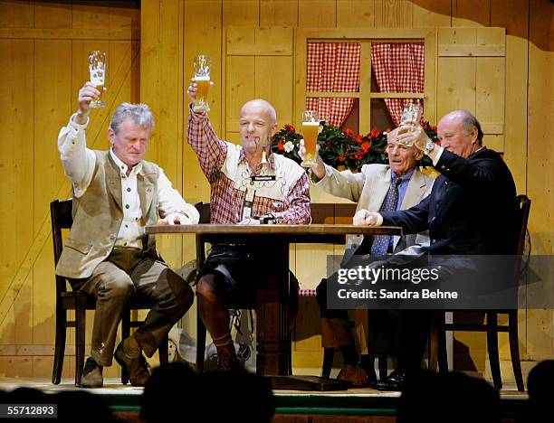 Sepp Maier, Stefan Schneider, Dieter Brenninger and Dettmar Cramer cheer with beer at the Arabella Sheraton Hotel on September 17, 2005 in Munich,...