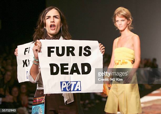 Anti-fur protestors from Peta are seen on the runway at the Julien MacDonald fashion show as part of London Fashion Week Spring/Summer 2006 at the...