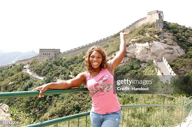 In this handout provided by the China Open, American tennis player Serena Williams poses at the Great Wall prior to the 2005 China Open September 18,...