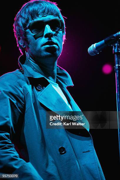 Liam Gallagher of Oasis performs at the Hyundai Pavilion at Glen Helen as part of KROQ's Inland Invasion 5 on September 17, 2005 in San Bernardino,...