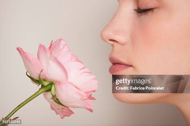beautiful woman smelling a flower - human nose stockfoto's en -beelden