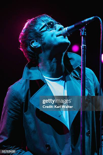 Liam Gallagher of Oasis performs at the Hyundai Pavilion at Glen Helen as part of KROQ's Inland Invasion 5 on September 17, 2005 in San Bernardino,...