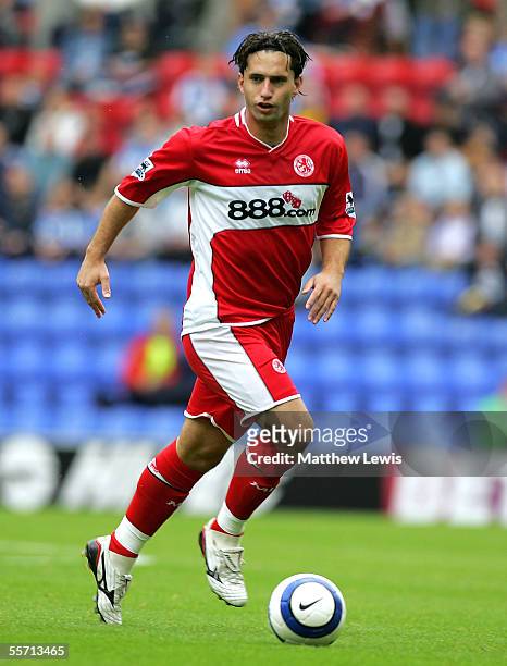 Fabio Rochemback of Middlesbrough in action during the Barclays Premiership match between Wigan Athletic and Middlesbrough at the JJB Stadium on...