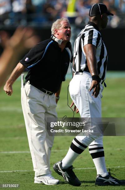 Head coach John Fox of the Carolina Panthers yells at a referee during their game against the New England Patriots on September 18, 2005 at Bank of...