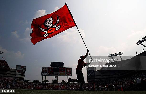 Flags are run across the end-zone after a field goal by the Tampa Bay Buccaneers against the Buffalo Bills on September 18, 2005 at Raymond James...
