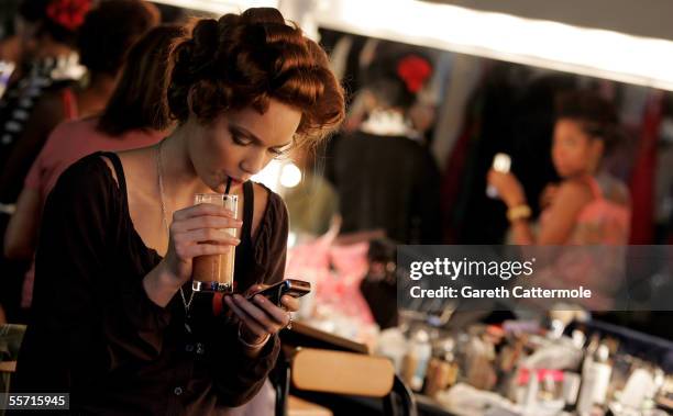 Model is seen backstage at the Jenny Packham fashion show as part of London Fashion Week Spring/Summer 2006 at the BFC Tent at the Natural History...