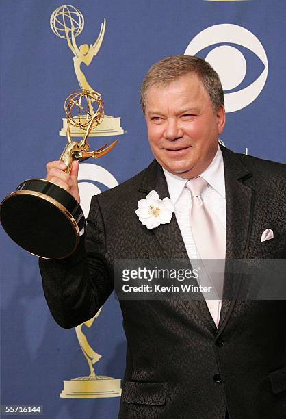 Actor William Shatner poses with the Emmy for Best Supporting Actor, in a Drama Series for the ABC show "Boston Legal" in the press room at the 57th...