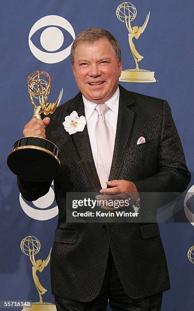 Actor William Shatner poses with the Emmy for Best Supporting Actor, in a Drama Series for the ABC show "Boston Legal" in the press room at the 57th...