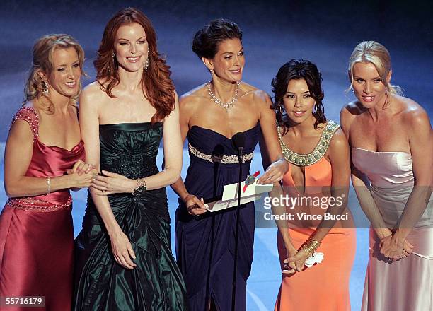Actresses Felicity Huffman, Marcia Cross, Teri Hatcher, Eva Longoria, and Nicollette Sheridan onstage at the 57th Annual Emmy Awards held at the...
