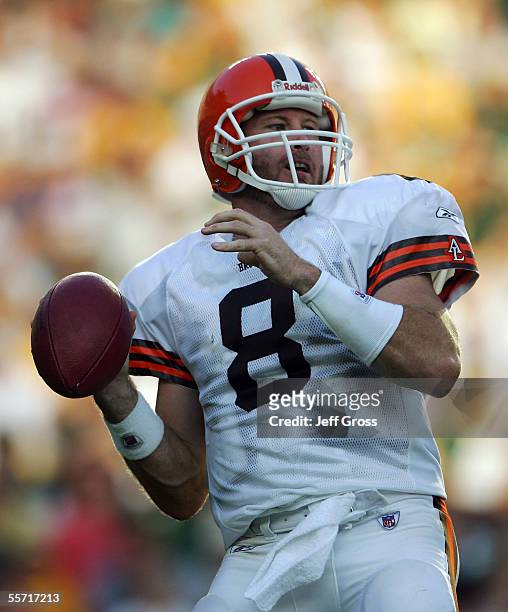 Quarterback Trent Dilfer of the Cleveland Browns drops back to pass against the Green Bay Packers at Lambeau Field September 18, 2005 in Green Bay,...