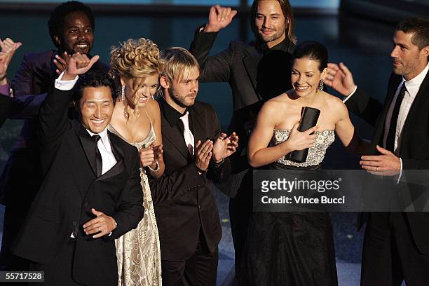 The Cast and Crew of "Lost" accepts their award for Outstanding Drama Series onstage at the 57th Annual Emmy Awards held at the Shrine Auditorium on...