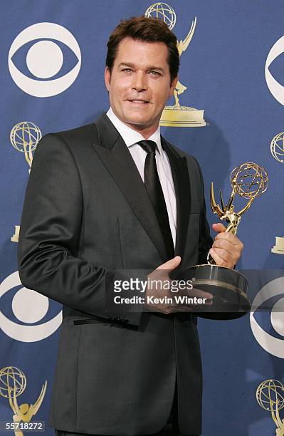 Actor Ray Liotta poses with his Emmy for Outstanding Guest Actor in a Drama Series in the press room at the 57th Annual Emmy Awards held at the...
