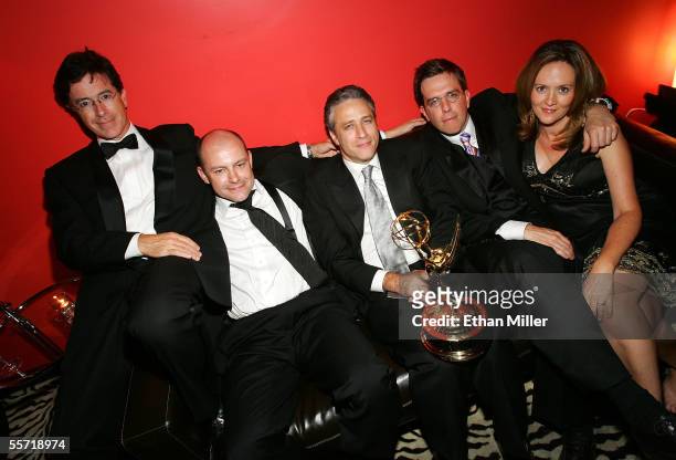 Members of "The Daily Show with Jon Stewart" correspondents Stephen Colbert and Rob Corddry, host Jon Stewart, and correspondents Ed Helms and...