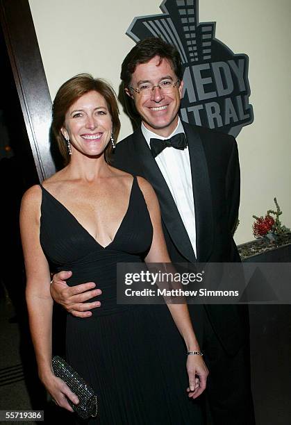 Comedian Stephen Colbert and wife Evie Colbert arrive to Comedy Central's Emmy after party at Meson on September 18, 2005 in Hollywood, California.