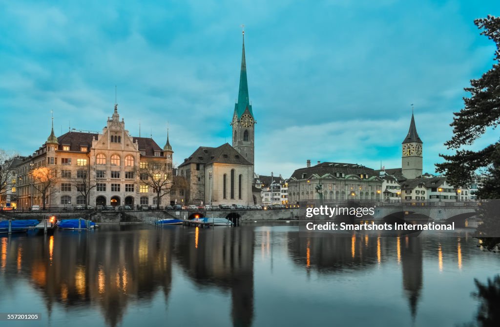 Zurich skyline reflected at dusk, Switzerland