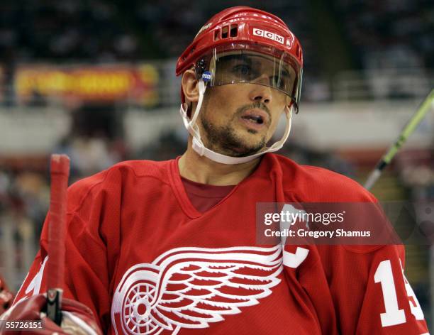 Steve Yzerman of the Detroit Red Wings looks on with his new viser he is wearing this year after taking a puck to the face in the 2004 playoffs...