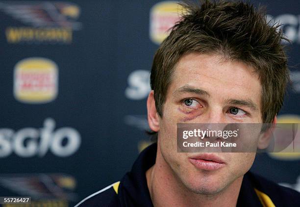 West Coast Eagles captain Ben Cousins, winner of the 2005 Brownlow medal, talks with the media during a press conference at Subiaco Oval September...