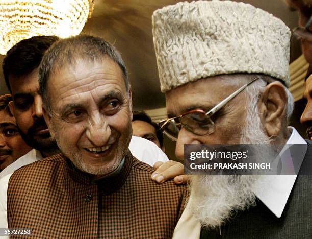 Indian-controlled Kashmir separatist leader, Abdul Ghani Bhatt talks with Supreme Head of the All J&K Muslim Conference from Pakistan-controlled...