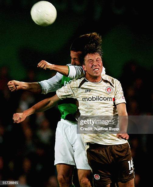 Carsten Gockel of Preussen competes with Marcel Eger of Pauli during the Third Bundesliga match between FC St. Pauli and Preussen Munster at the...