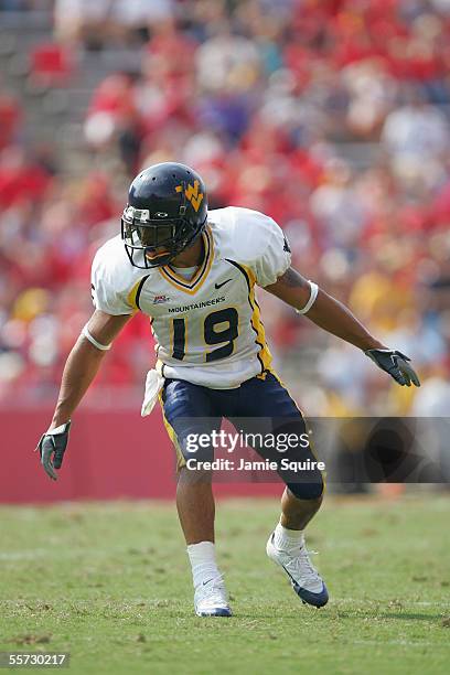 Defensive back Vaughn Rivers of the West Virginia University Mountaineers stands ready for a play during a game against the University of Maryland...