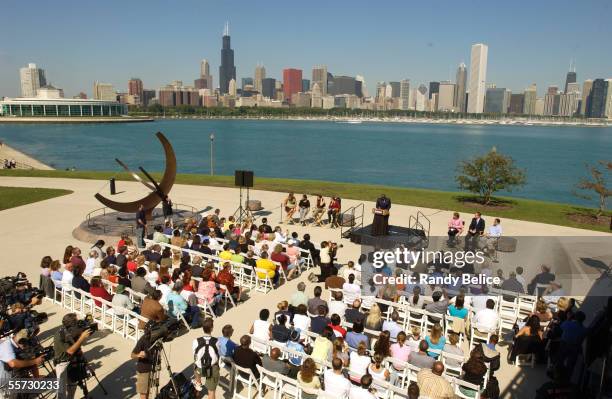 With the Chicago skyline in the background, the Chicago WNBA franchise team is officially named the Chicago Sky during a news conference September...