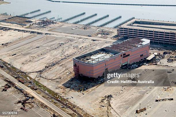 The floating pink "Copa Casino" sits on land after being washed ashore by Hurricane Katrina September 11, 2005 in Gulfport, Mississippi. Katrina...