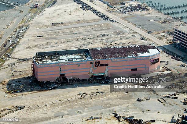 The floating pink "Copa Casino" sits on land after being washed ashore by Hurricane Katrina September 11, 2005 in Gulfport, Mississippi. Katrina...