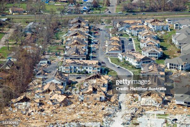 Homes lay in ruins after being destroyed by the tidal surge caused by Hurricane Katrina on the southern coastline of Mississippi September 11, 2005...