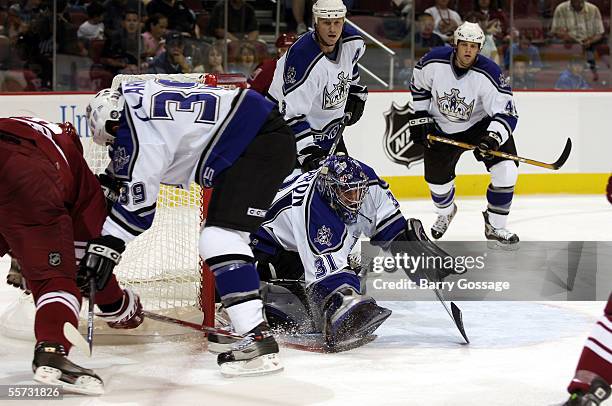 Goalie Mathieu Garon for the Los Angeles Kings makes the save against the Phoenix Coyotes on September 20, 2005 at Glendale Arena in Glendale,...