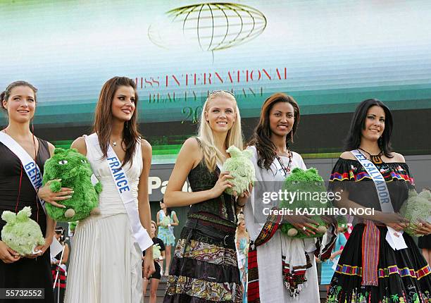 Candidates for the Miss International pageant, L-R, Miss Germany Annika Pinther, Miss France Cynthia Tevere, Miss Finland Susanna Laine, Miss...