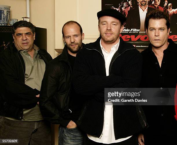 Actors Vincent Pastore, Jason Statham, director Guy Ritchie and actor Ray Liotta attend the press conference for "Revolver" ahead of this evening's...