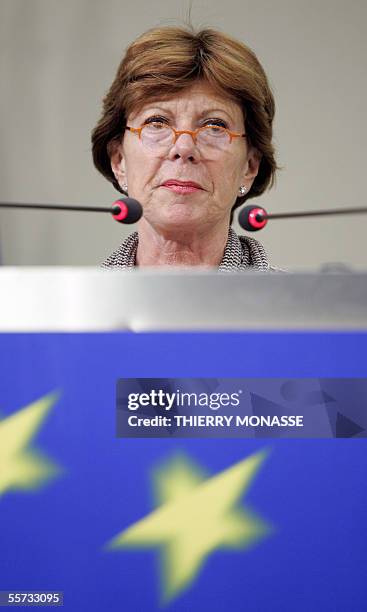 The EU Commissioner for competition Neelie Kroes is seen during a press briefing in the Berlaymont, the EU commission headquarters in Brussels, 21...