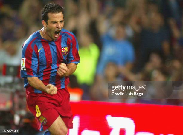 Ludovic Giuly of FC Barcelona celebrates his goal during the La Liga match between FC Barcelona and Valencia CF, played at the Camp Nou Stadium,...