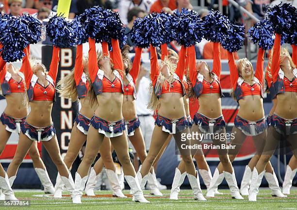 The Denver Broncos cheerleaders perform during the game with the San Diego Chargers on September 18, 2005 at Invesco Field at Mile High stadium in...