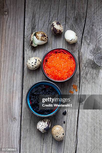 black and red caviar in bowls, boiled quail eggs on wood - fish roe stock pictures, royalty-free photos & images